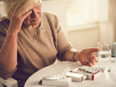 An eldery woman rubs her temple while holding pills in her hand