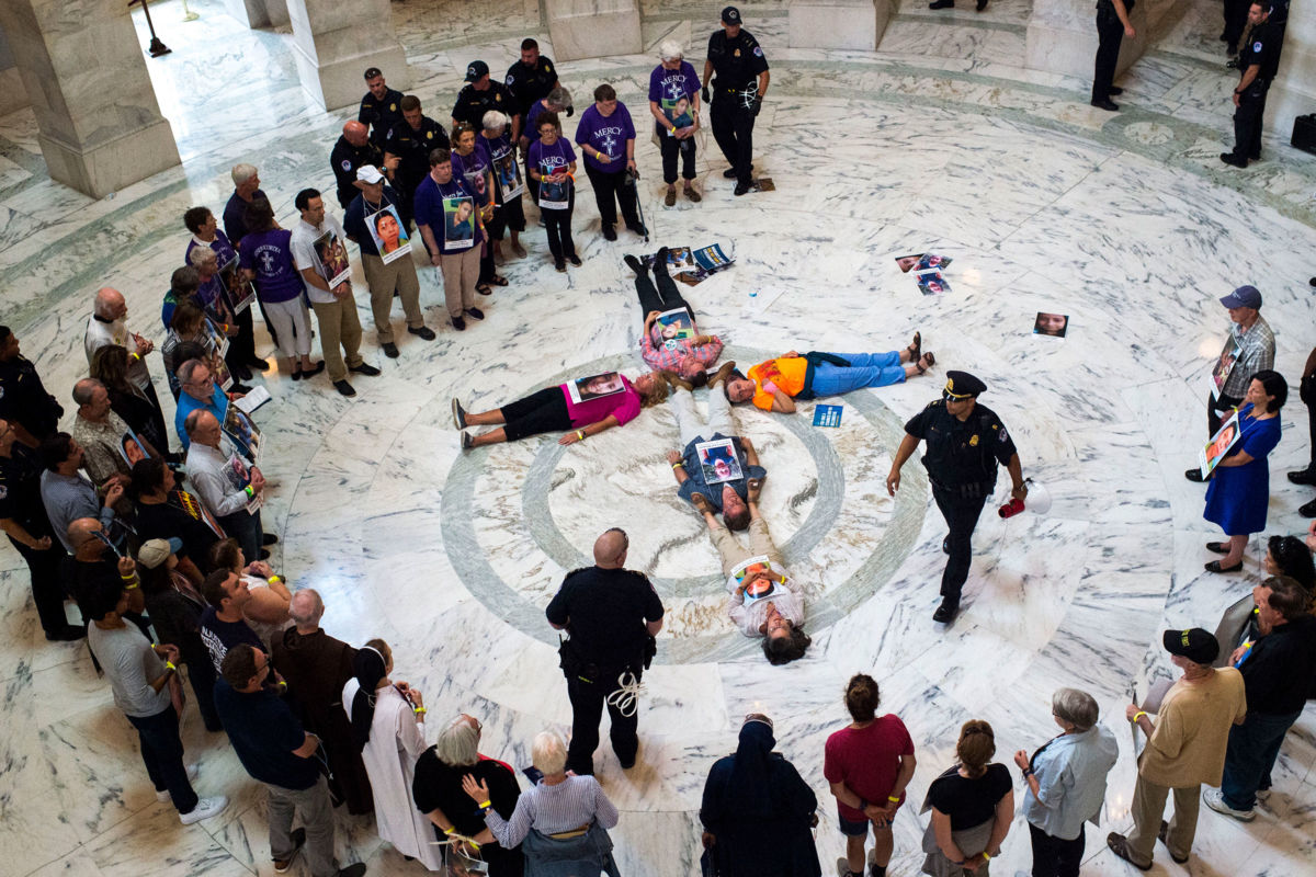 Catholic nuns, priests, advocates and immigrants demonstrate to pressure Trump and Congress to end the practice of detaining immigrant children in the Russell Senate Office Building on July 18, 2019, in Washington, D.C.