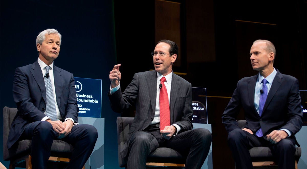 JPMorgan Chase & Co. CEO Jamie Dimon (L), AT&T CEO Randall Stephenson (C) and Boeing CEO Dennis Muilenberg (R) speak during the Business Roundtable (BRT) CEO Innovation Summit