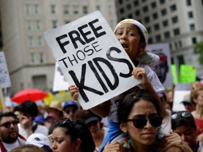 Demonstrators protest against Immigration and Customs Enforcement (ICE) and the Trump administration's immigration policies at Daley Plaza, June 30, 2018, in Chicago, Illinois.