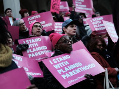 Pro-choice activists, politicians and others associated with Planned Parenthood gather for a news conference and demonstration at City Hall against the Trump administrations Title X rule change on February 25, 2019, in New York City.