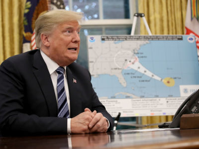 President Trump speaks during a briefing on Hurricane Florence in the Oval Office, September 11, 2018, in Washington, D.C.