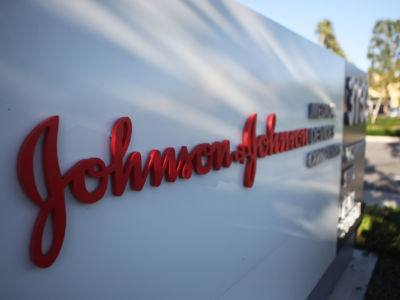 A sign is posted at the Johnson & Johnson campus on August 26, 2019, in Irvine, California.