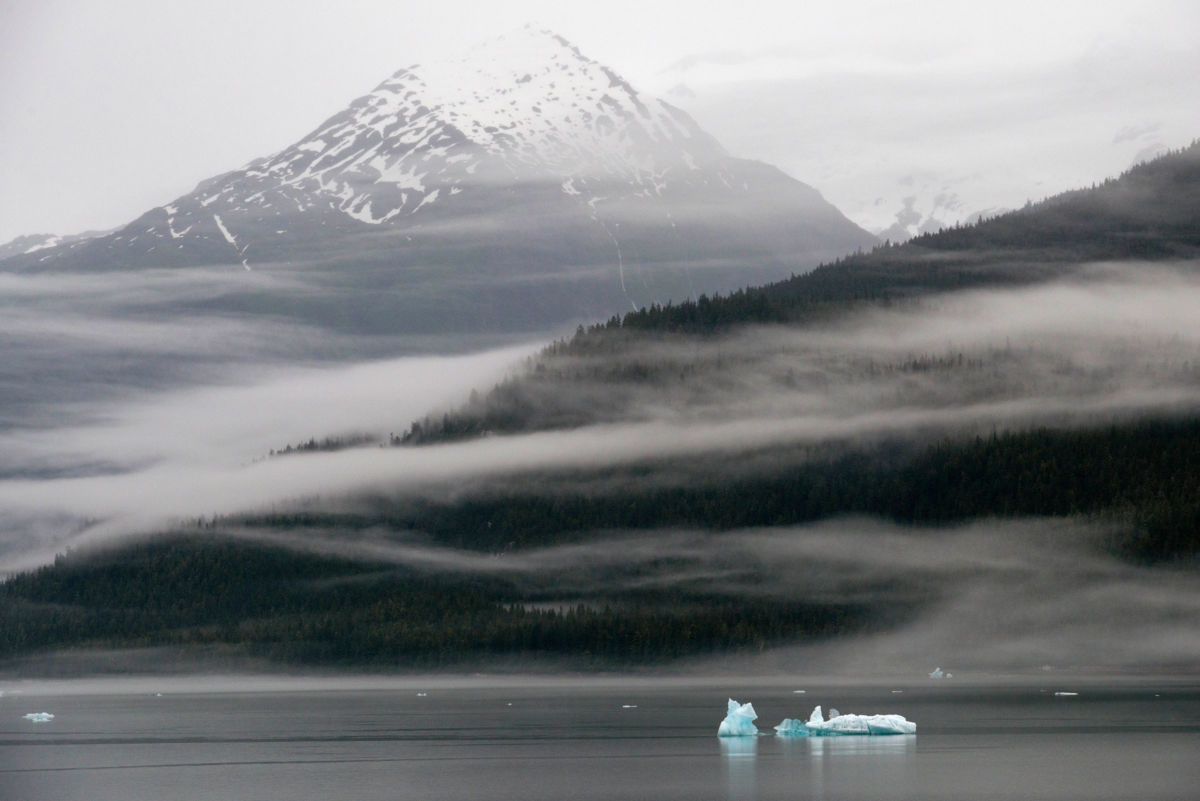 Ribbons of mist settle over dense woods at the base of snow-capped mountains