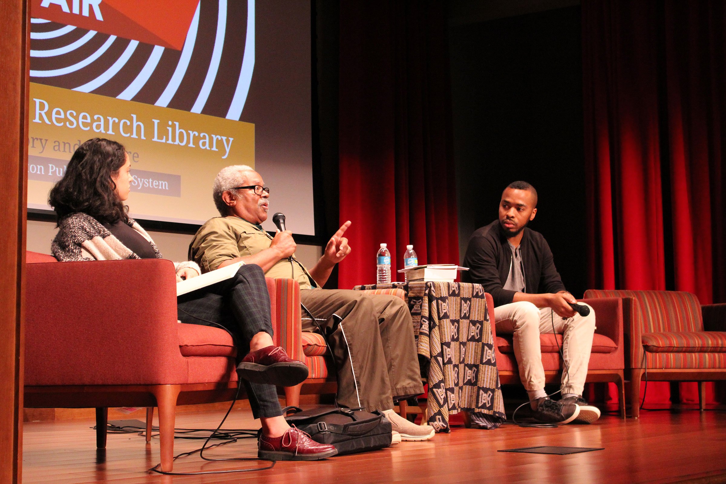 Clara Mejia-Gamboa, Modibo Kadalie and William Anderson during a panel at the 2018 Atlanta Radical Book Fair. 