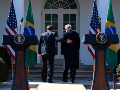 President Trump and Brazil's President Jair Bolsonaro leave after a press conference in the Rose Garden at the White House on March 19, 2019, in Washington, D.C.