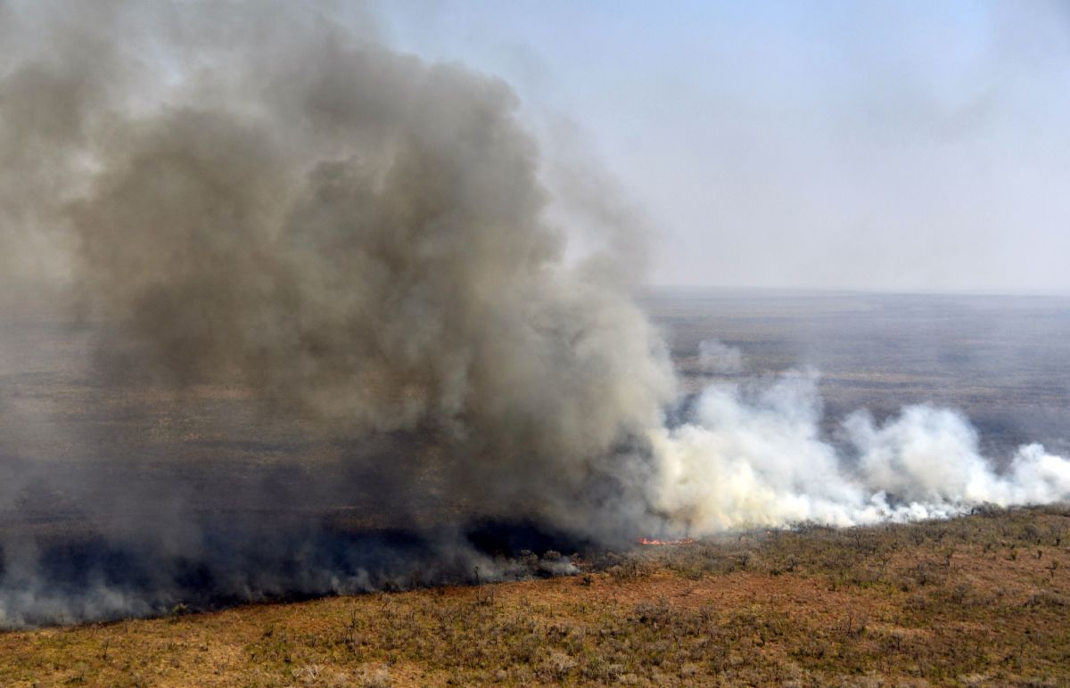 An aerial shot of a burning forest