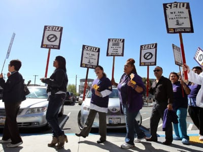 Members of the SEIU Local 1021 protest outside of San Francisco General Hospital on March 21, 2012, in San Francisco, California.