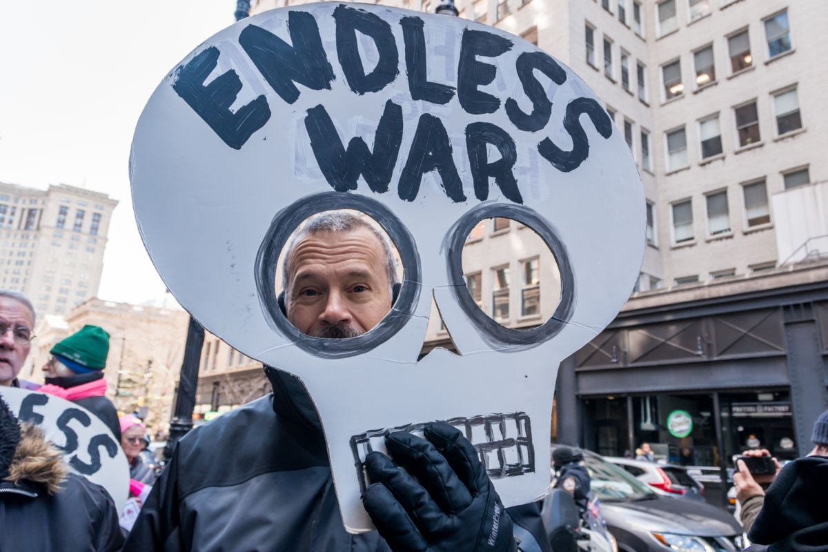 Anti-war activists gathered on March 19, 2019, the 16th anniversary of the invasion of Iraq, outside 26 Federal Plaza in lower Manhattan for a rally, followed by a march by several military recruiting offices along Chambers Street and to Borough of Manhattan Community College, to oppose the United States' endless cycle of war and militarism.