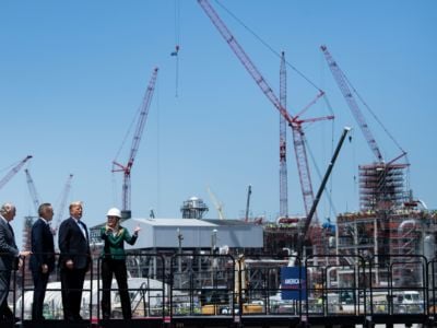 President Donald Trump and others tour the Cameron LNG Export Facility on May 14, 2019, in Hackberry, Louisiana.