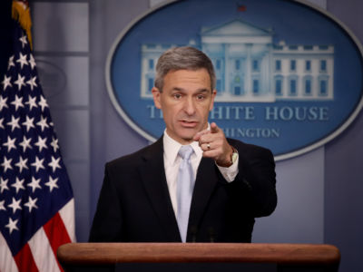 Acting Director of U.S. Citizenship and Immigration Services Ken Cuccinelli speaks about immigration policy at the White House during a briefing August 12, 2019, in Washington, D.C. During the briefing, Cuccinelli said that immigrants legally in the U.S. would no longer be eligible for green cards if they utilize any social programs available in the nation.