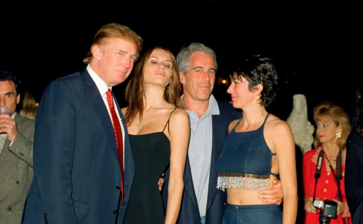 Donald Trump and his girlfriend (and future wife), former model Melania Knauss, financier (and future convicted sex offender) Jeffrey Epstein, and British socialite Ghislaine Maxwell pose together at the Mar-a-Lago club, Palm Beach, Florida, February 12, 2000.