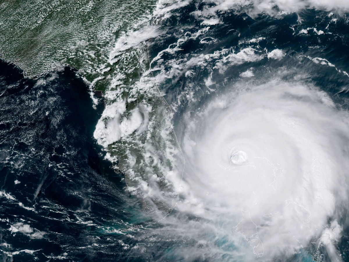 In this NOAA GOES-East satellite handout image, Hurricane Dorian moves slowly past Grand Bahama Island on September 2, 2019, in the Atlantic Ocean.