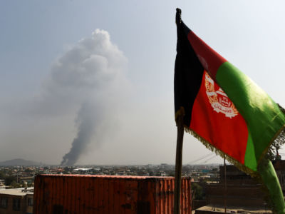 Smoke rises from the site of an attack after a massive explosion the night before near the Green Village in Kabul, Afghanistan, on September 3, 2019.