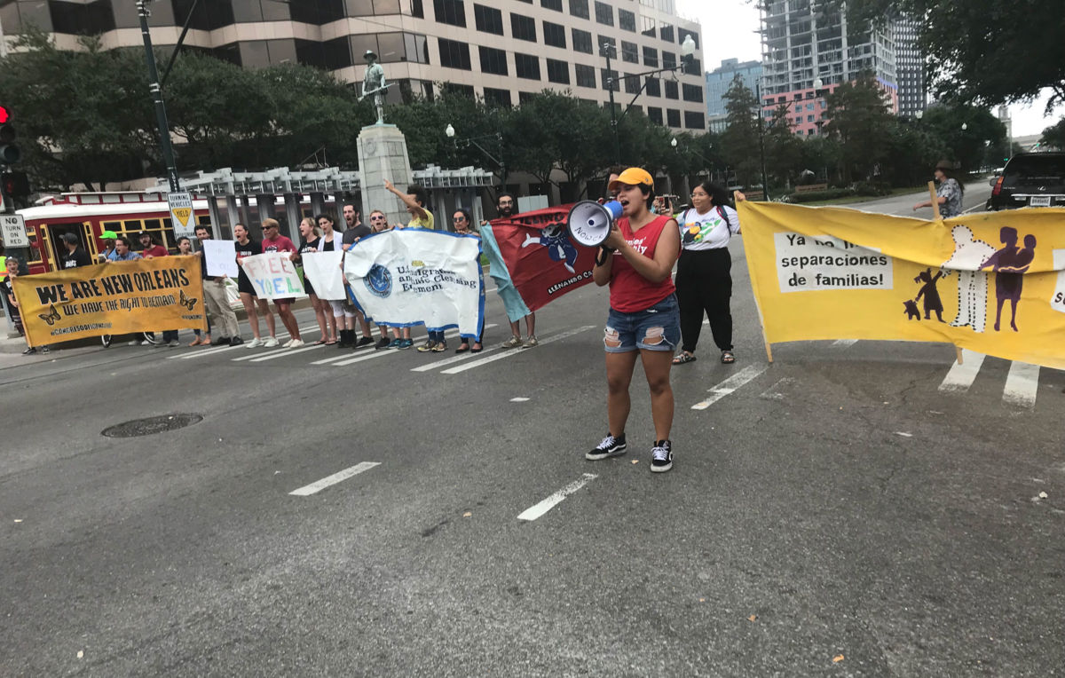 Activists block traffic near the regional field office for ICE in New Orleans, Louisiana on Monday to protest indefinite detention of asylum seekers and the planned deportation of Yoel Alonso Leal.