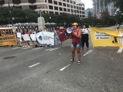 Activists block traffic near the regional field office for ICE in New Orleans, Louisiana on Monday to protest indefinite detention of asylum seekers and the planned deportation of Yoel Alonso Leal.