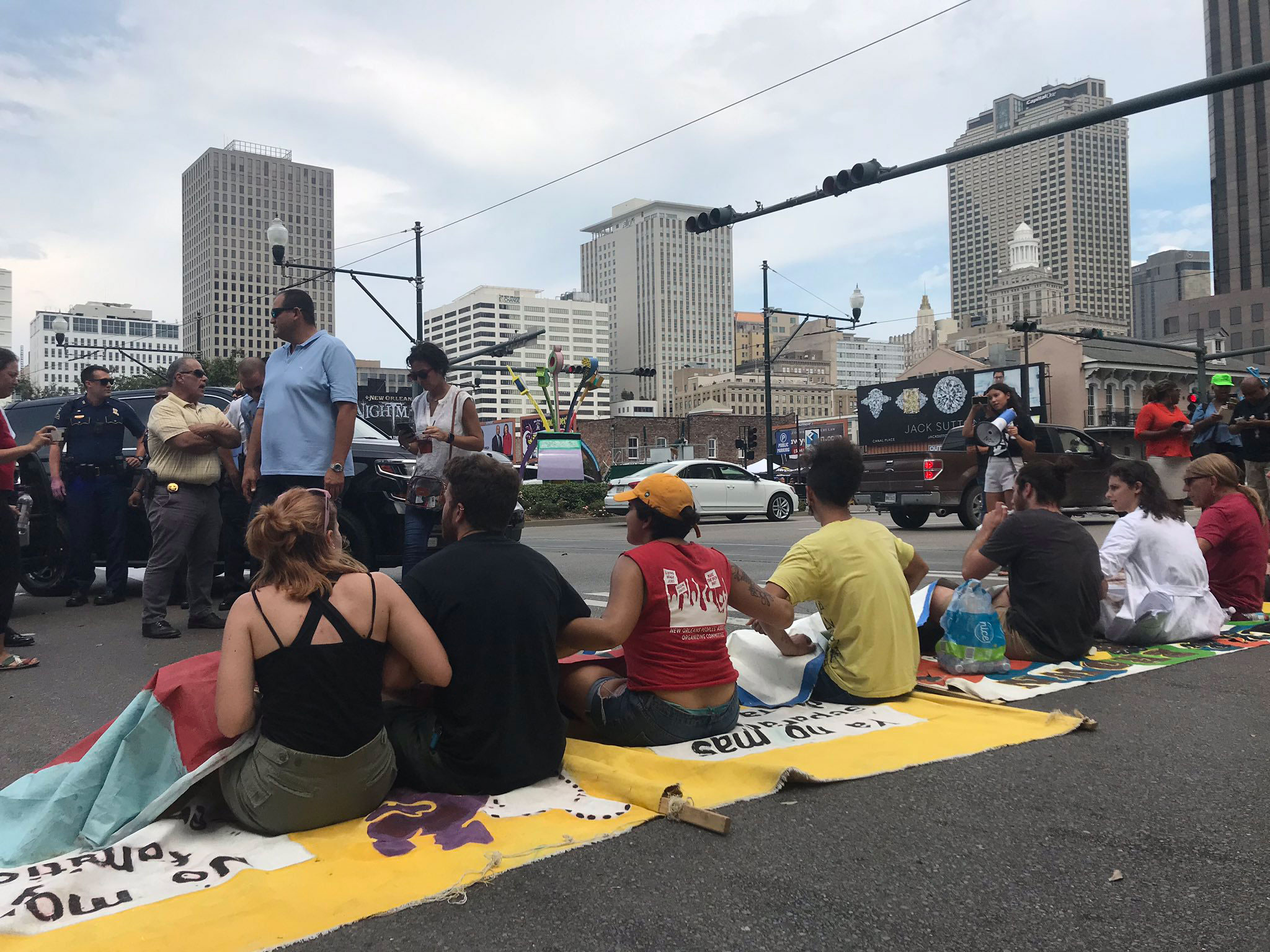 Activists block traffic near the ICE regional field office in New Orlean, which oversees several Southeastern states.