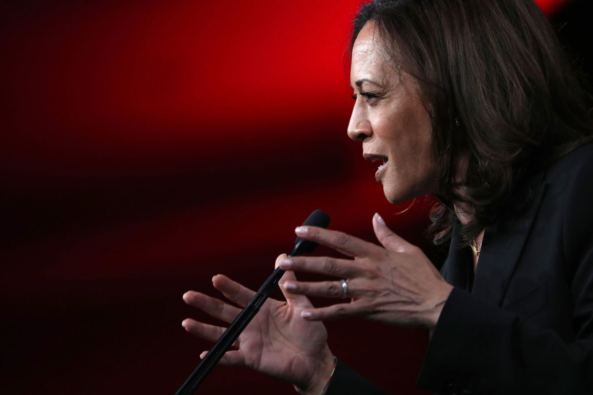 Sen. Kamala Harris speaks during the Democratic Presidential Committee summer meeting