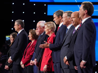 Democratic presidential candidates take the stage at the beginning of the Democratic Presidential Debate at the Fox Theatre July 30, 2019, in Detroit, Michigan.