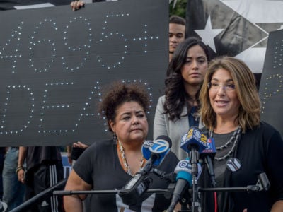 Author, social activist and filmmaker Naomi Klein speaks to hundreds in Union Square in New York City on the one-year anniversary of Hurricane Maria.