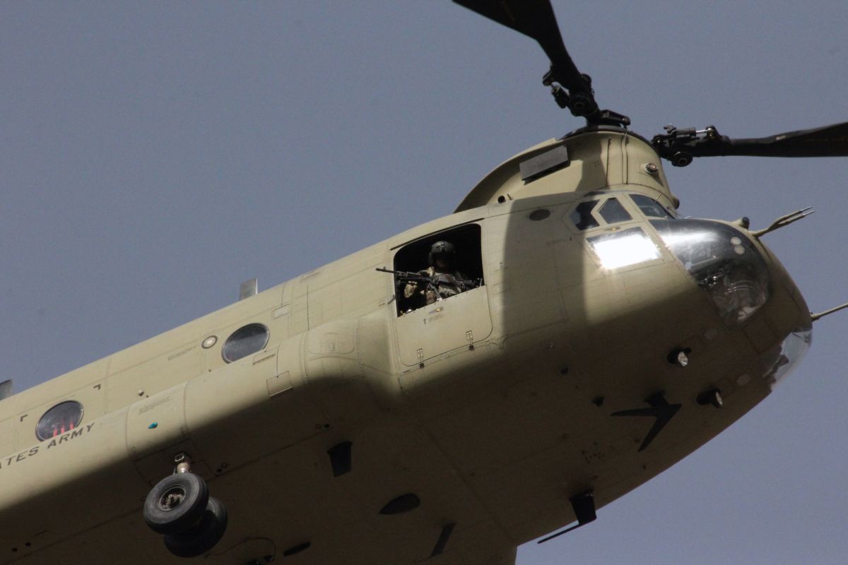 A U.S. military helicopter arrives at NATOs Resolute Support mission in Kabul as then-Defense Secretary Jim Mattis arrives in Afghanistan for an unannounced visit on September 7, 2018.