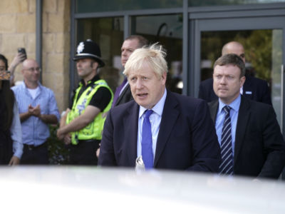 Prime Minister Boris Johnson leaves Fox Valley Shopping Park on September 13, 2019, in Sheffield, England.