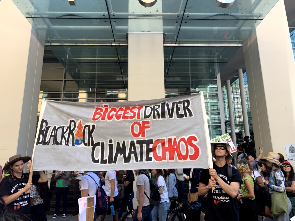 San Francisco protesters call attention to BlackRock's fossil fuel investments.