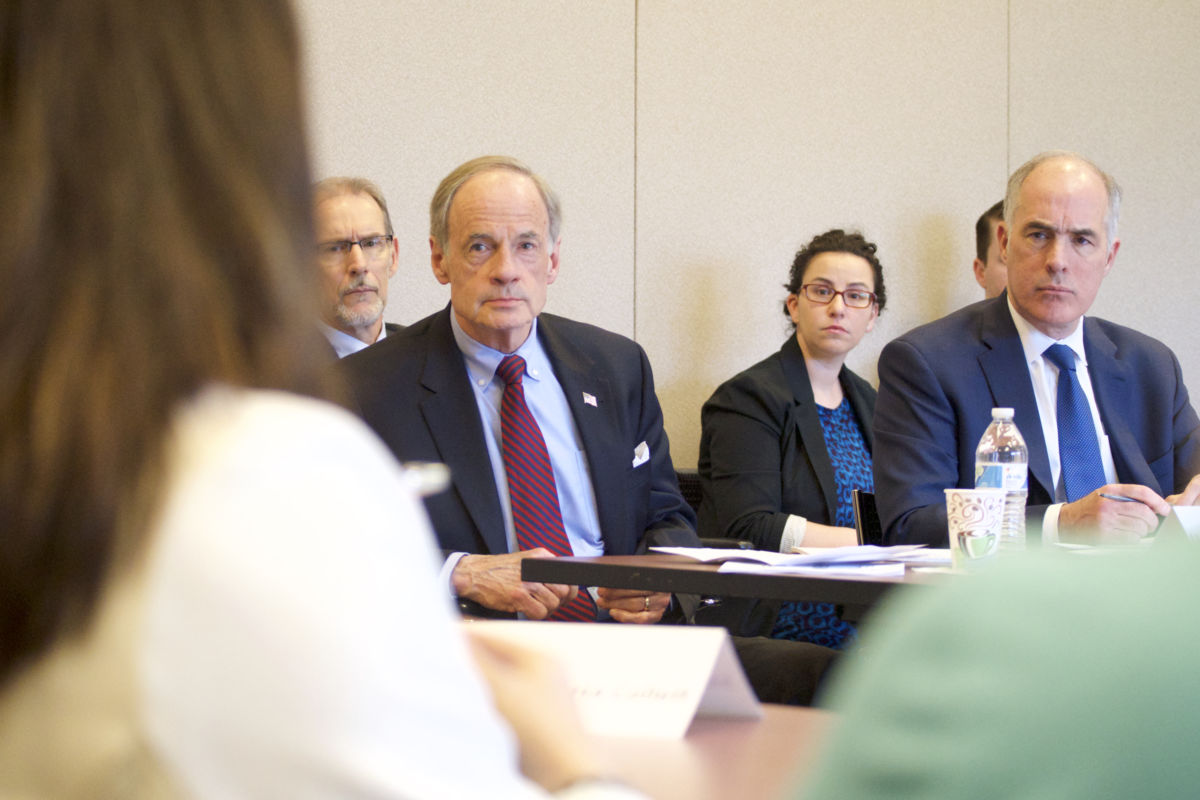 Sen. Bob Casey and Sen. Tom Carper host a closed-door roundtable discussion with selected members on the public, discussing effects and solutions of per- and polyfuoroalkyl substances, or PFAS, pollution in the region, at Horsham Township Library, in Horsham, Pennsylvania, on April 8, 2019.