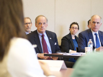 Sen. Bob Casey and Sen. Tom Carper host a closed-door roundtable discussion with selected members on the public, discussing effects and solutions of per- and polyfuoroalkyl substances, or PFAS, pollution in the region, at Horsham Township Library, in Horsham, Pennsylvania, on April 8, 2019.