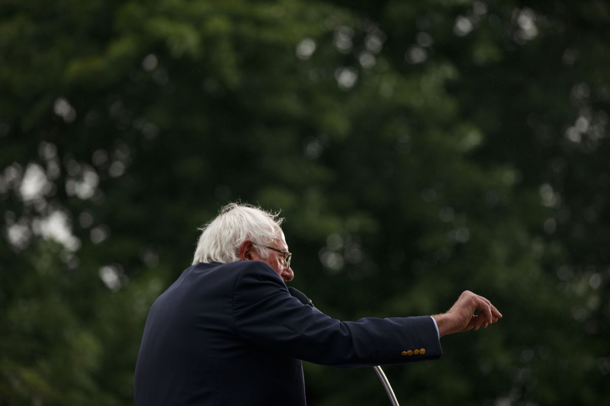 Sen. Bernie Sanders speaks at a podium