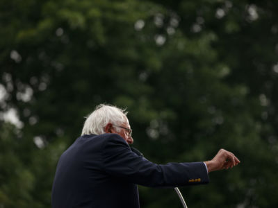 Sen. Bernie Sanders speaks at a podium