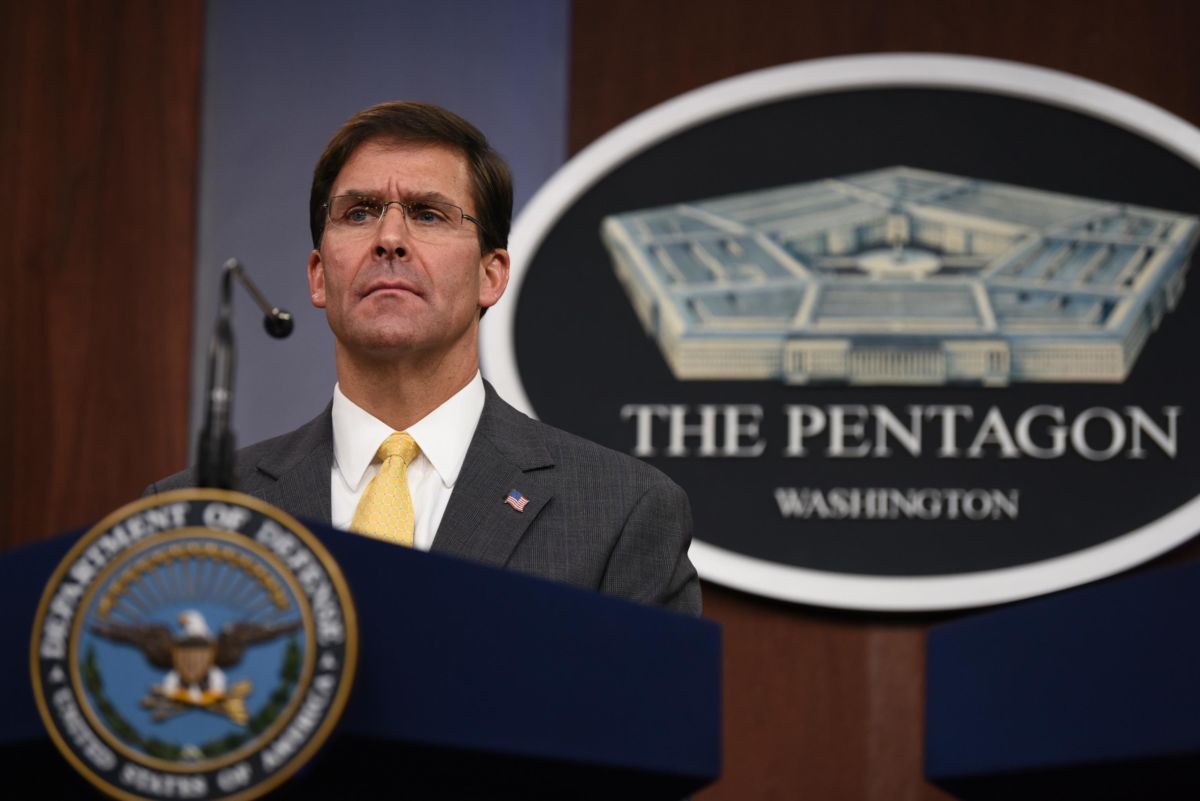 U.S. Secretary of Defense Mark Esper speaks during the joint press conference with Chairman of Joint Chiefs of Staff General Joseph Dunford on August 28, 2019, in Arlington, Virginia.