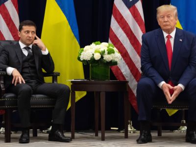 President Donald Trump and Ukrainian President Volodymyr Zelensky looks on during a meeting in New York on September 25, 2019, on the sidelines of the United Nations General Assembly.