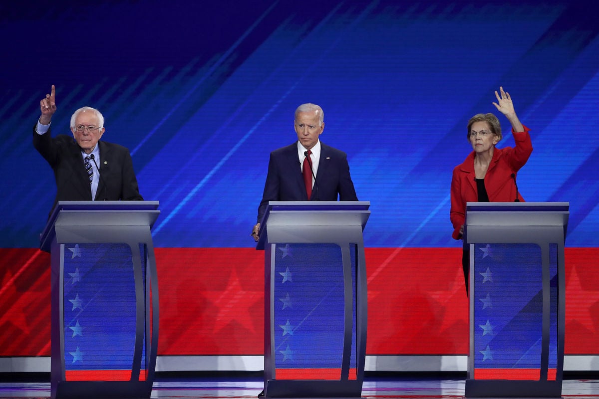 Sen. Bernie Sanders, former Vice President Joe Biden and Sen. Elizabeth Warren on debate stage