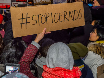 Demonstrators protest outside the Department of Homeland Security headquarters in New York City, February 2, 2017.