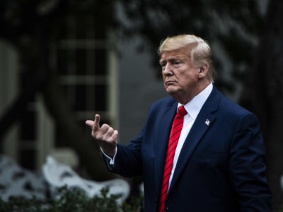 Donald Trump gestures while standing in front of the white house