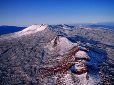 A light snowfall covers Mauna Kea on the Big Island of Hawaii.