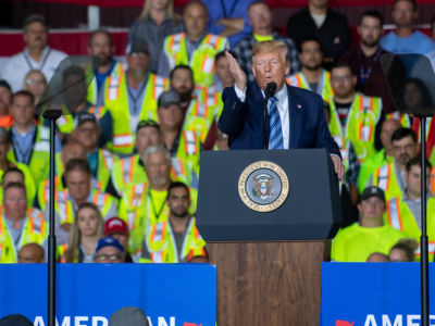 Donald Trump speaks to 5000 contractors at the Shell Chemicals Petrochemical Complex on August 13, 2019, in Monaca, Pennsylvania.
