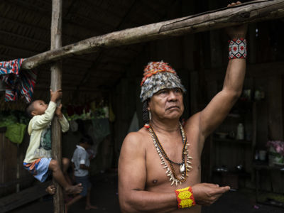 Chief Juarez Saw of the Munduruku tribe shows of homes in his village on the banks of the Tapajos river on Tuesday, April 09, 2019 in Sawre Muybu, Para, Brazil. The Munduruku tribe has been battling for years with outside forces like illegal miners trying to destroy their lands for profits.