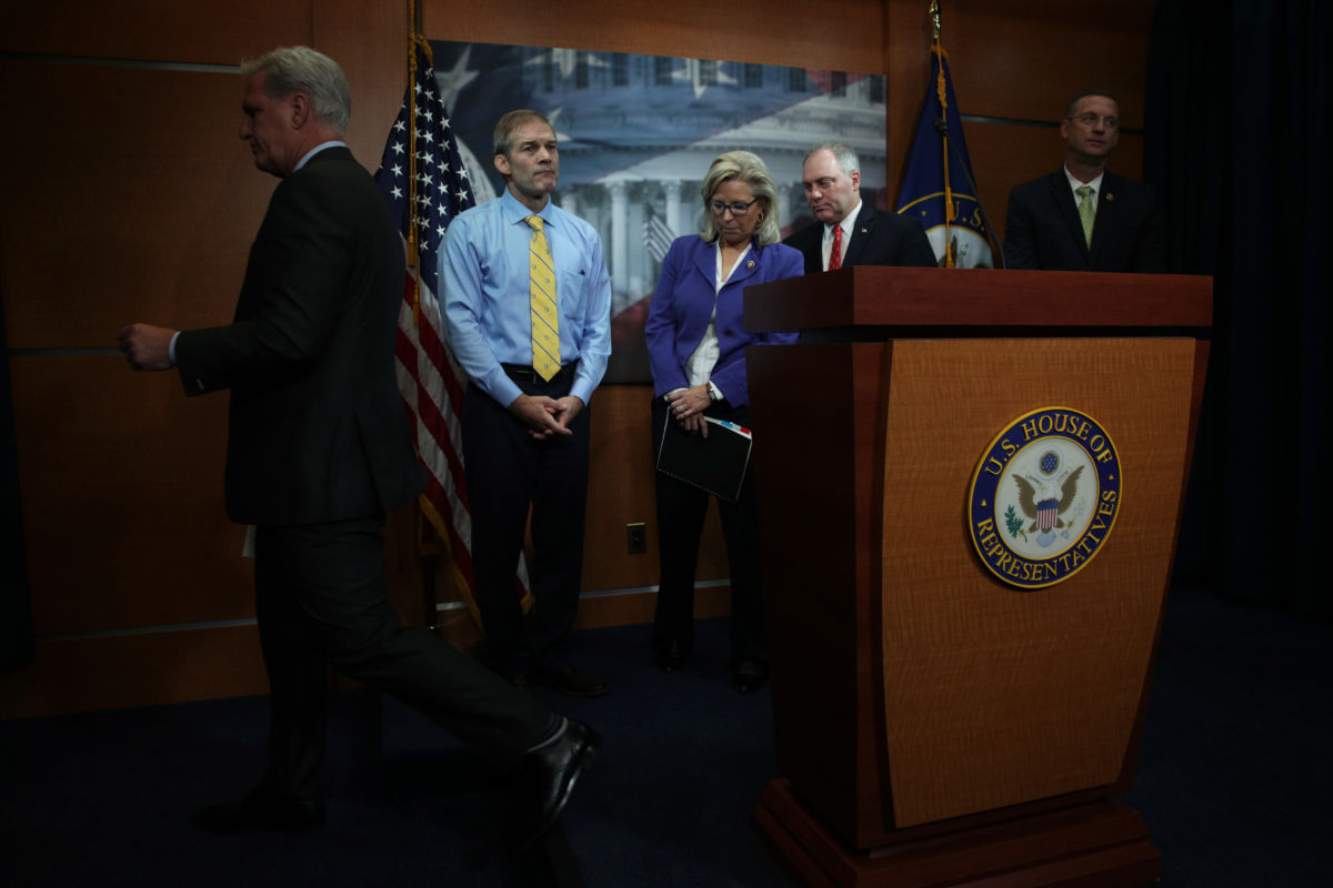 U.S. House Minority Leader Rep. Kevin McCarthy (R-CA), Rep. Jim Jordan (R-OH), Rep. Liz Cheney (R-WY), House Minority Whip Rep. Steve Scalise (R-LA) and Rep. Doug Collins (R-GA) at the end of a news conference at the U.S. Capitol on September 25, 2019, in Washington, D.C.