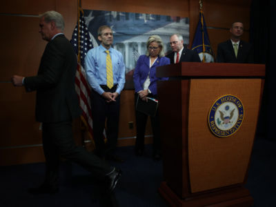 U.S. House Minority Leader Rep. Kevin McCarthy (R-CA), Rep. Jim Jordan (R-OH), Rep. Liz Cheney (R-WY), House Minority Whip Rep. Steve Scalise (R-LA) and Rep. Doug Collins (R-GA) at the end of a news conference at the U.S. Capitol on September 25, 2019, in Washington, D.C.