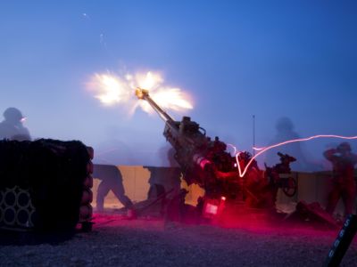 Soldiers fire an M777 howitzer during a fire mission at Qayyarah West Airfield, Iraq, August 10, 2019.