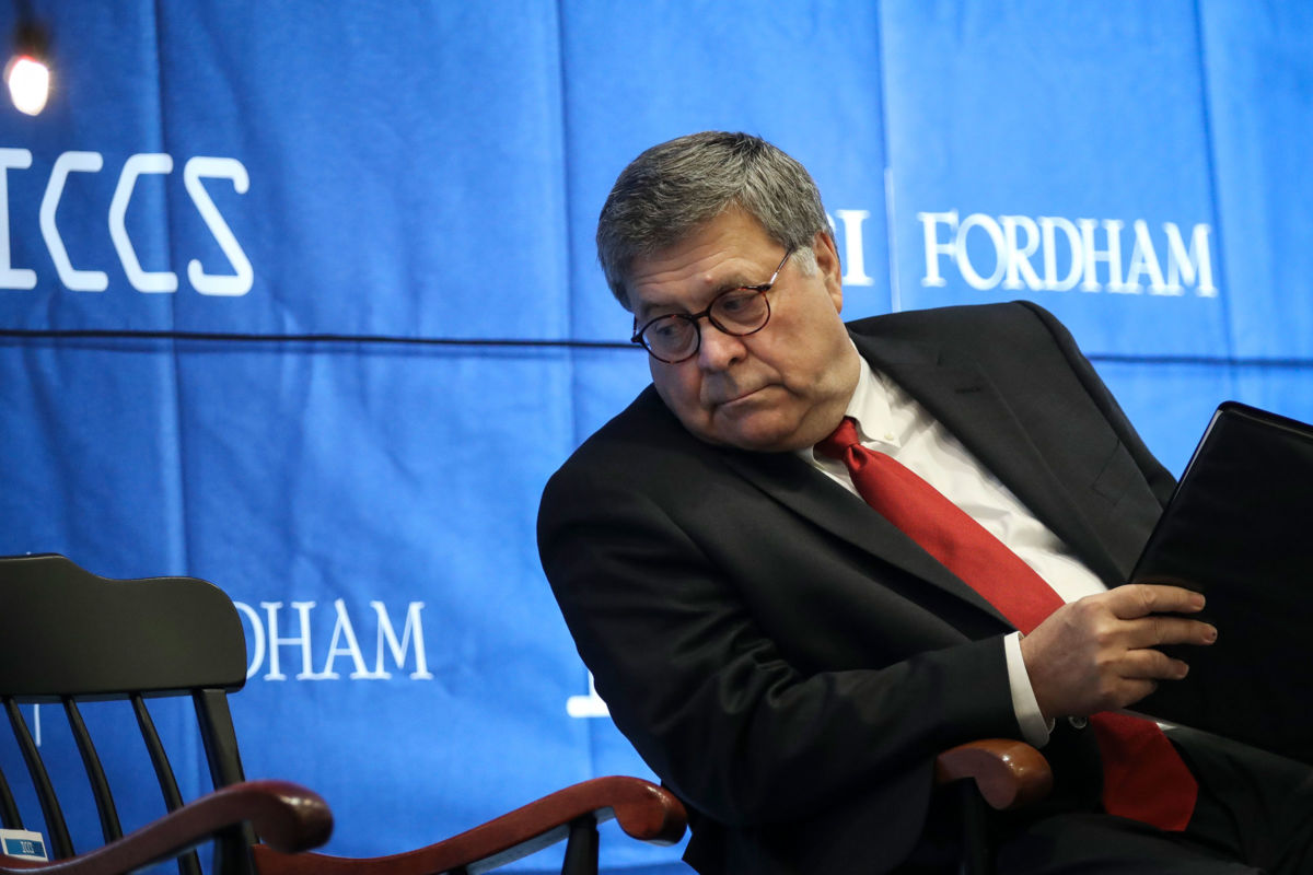 Attorney General William Barr waits to speak at the International Conference on Cyber Security at Fordham University School of Law on July 23, 2019, in New York City.