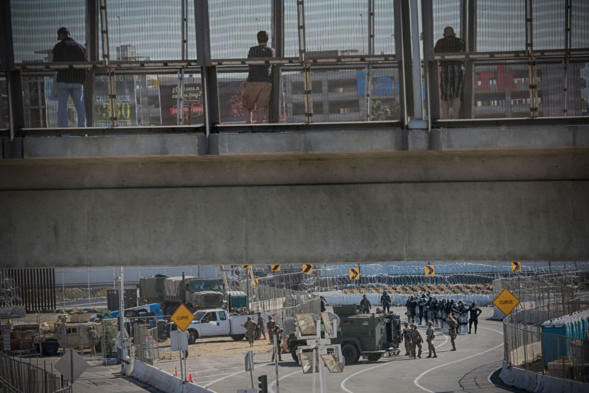 United States military personnel and Border Patrol agents secure the United States-Mexico border on November 25, 2018, at the San Ysidro border crossing point south of San Diego, California.