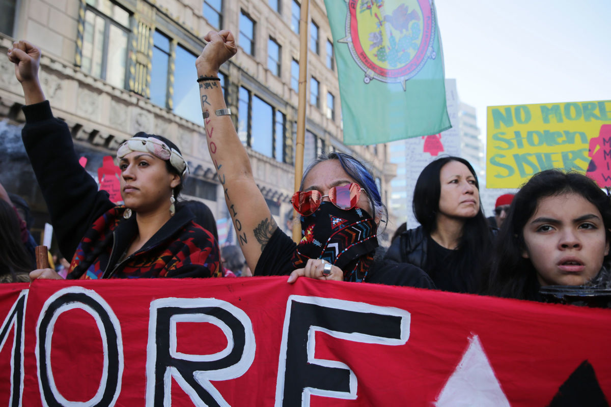 Activists march for missing and murdered Indigenous women at the Women's March California on January 19, 2019, in Los Angeles, California.