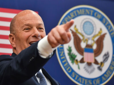 Gordon Sondland, the United States Ambassador to the European Union, addresses the media during a press conference at the U.S. Embassy to Romania in Bucharest, September 5, 2019.