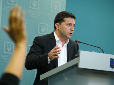 Ukrainian President Volodymyr Zelensky speaks to the media on October 1, 2019, in Kiev, Ukraine.