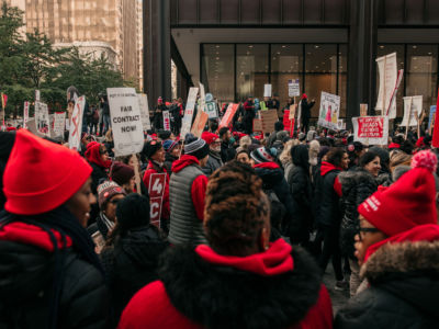 Thousands of demonstrators take to the streets, stopping traffic and circling City Hall in a show support for the ongoing teachers' strike on October 23, 2019, in Chicago, Illinois.
