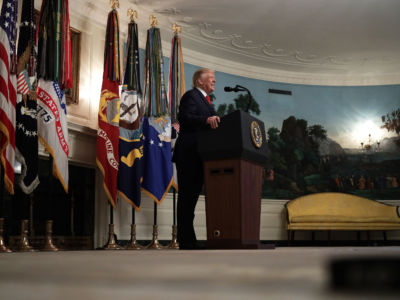 President Trump makes a statement in the Diplomatic Reception Room of the White House, October 27, 2019, in Washington, D.C.