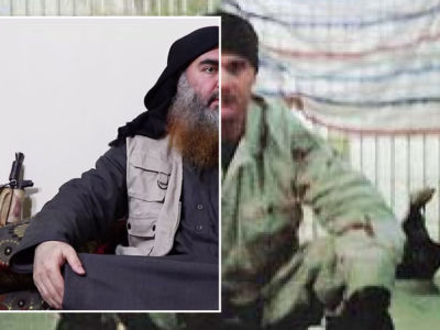 Video stills (cropped) of Abu Bakr al-Bagdhadi and of a soldier torturing a prisoner at Abu Ghraib